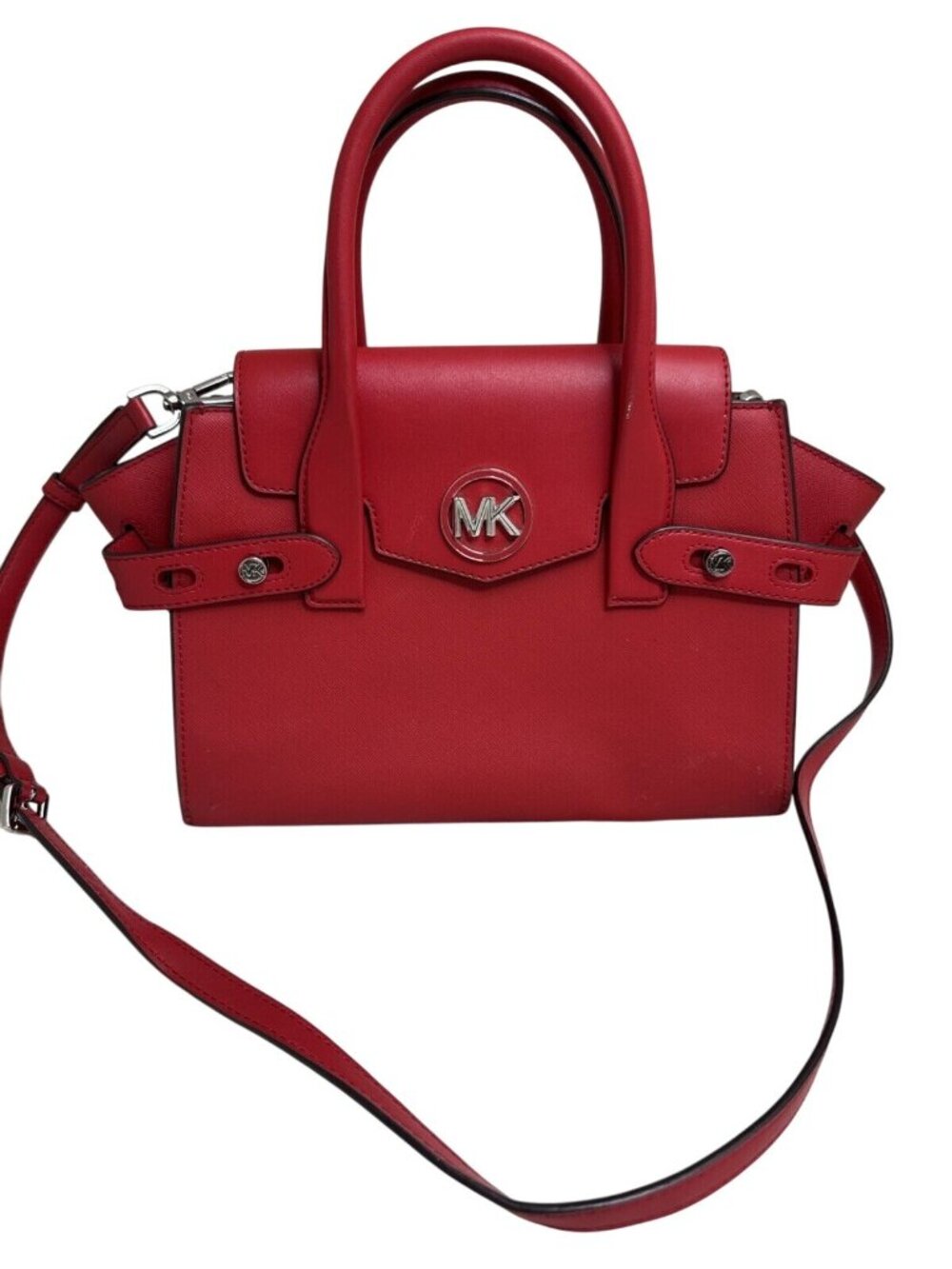 Michael Kors Red Leather Satchel Handbag W/MK Logo & Adjustable Crossbody Strap